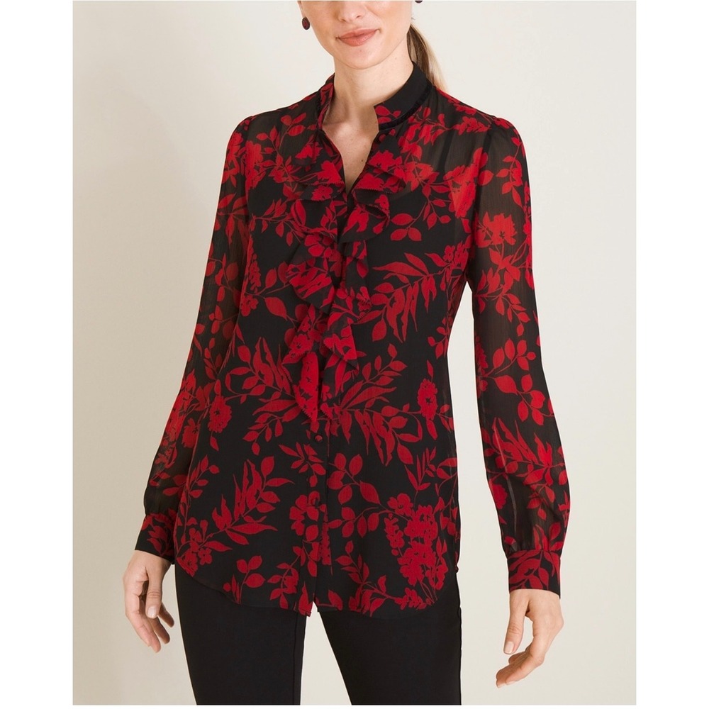 Chico's Floral Ruffle Blouse Sheer Long Sleeve‎ Top Red Black Size 1